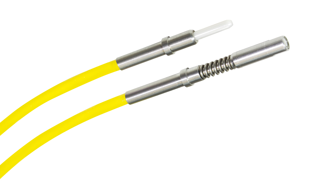 XiOptics Style 2 M29504 slash 6 pin and slash 7 socket termini on yellow fiber